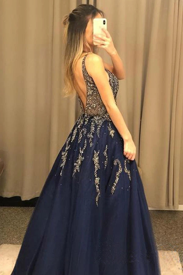 V Neck Line Sexy Party Dress Navy Blue Appliques Long Prom Dress With Beading OKU12