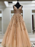 A Line V Neck Long Lace Applique Prom Dress Cheap Ball Gown OKH44