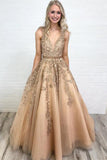 A Line V Neck Long Lace Applique Prom Dress Cheap Ball Gown OKH44