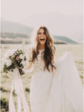 A Line Long Sleeves Lace Appliqued Ivory Beach Wedding Dress OKF83