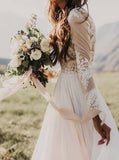 A Line Long Sleeve Lace Appliqued Ivory Beach Wedding Dresses OKF83