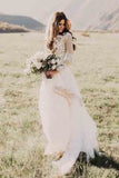 A Line Long Sleeves Lace Appliqued Ivory Beach Wedding Dress OKF83
