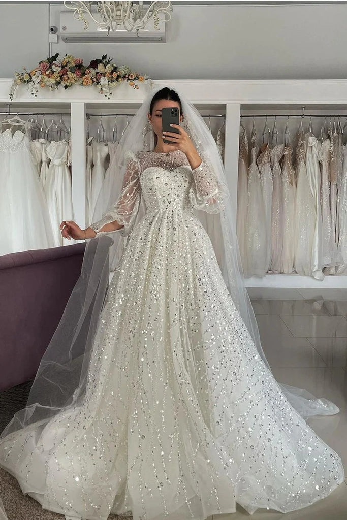 Princess A Line Sequined Long Sleeves Wedding Dresses Bridal Dresses OK1701