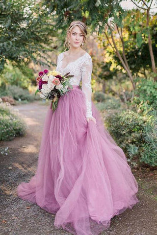 A-Line V-Neck Long Sleeves Pink Tulle Wedding Dress with Lace Appliques OKM80