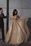 Shiny Gold Sequins Spaghetti Straps Backless Long Prom Gown Evening Dress OK1123