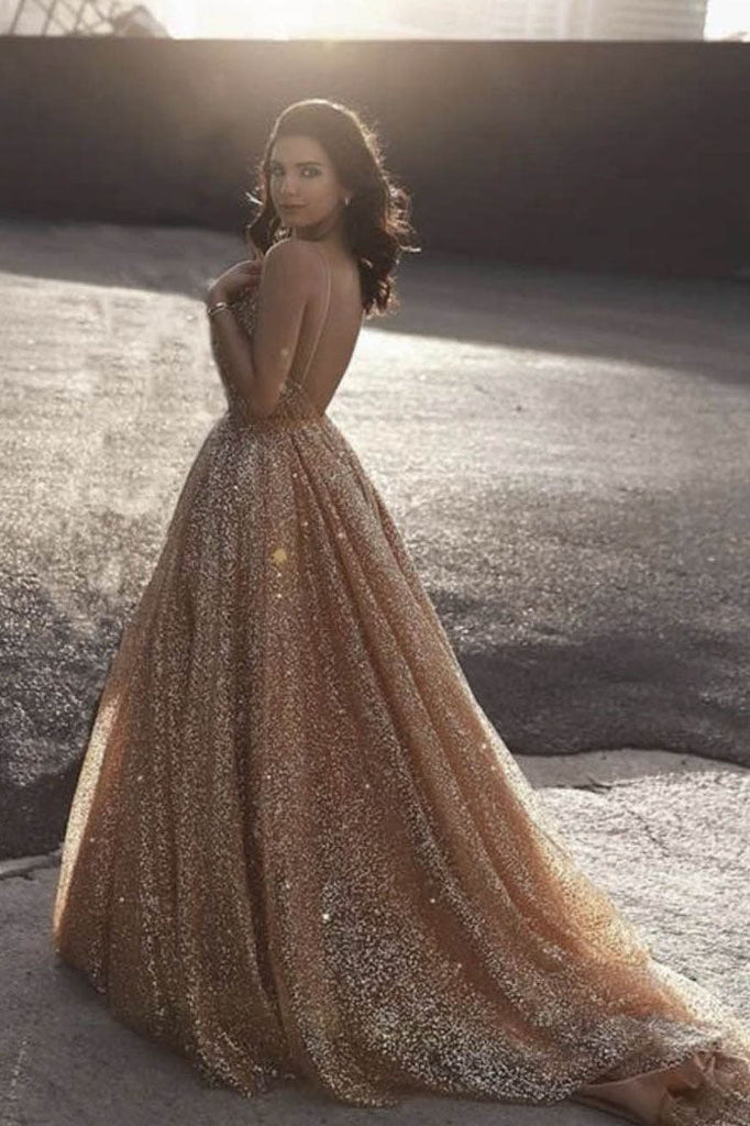 Shiny Gold Sequins Spaghetti Straps Backless Long Prom Gown Evening Dress OK1123