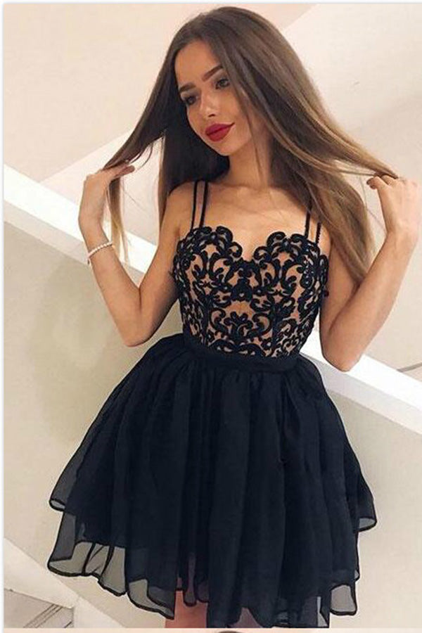 Cute Tulle Short Sweetheart Straps Black Lace Homecoming Dress OKA61