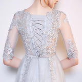 A-line Gray Half Sleeves Knee Length Tulle Lace Homecoming Dress OKA72