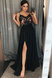 Unique A-Line Spaghetti Straps Black Split Long Prom Dresses with Lace OKA87