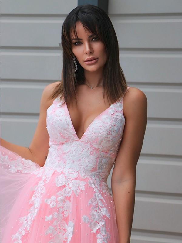 Pink A-line Tulle Spaghetti Straps Prom Dress Long Lace Appliques Formal Evening Dress OKX78