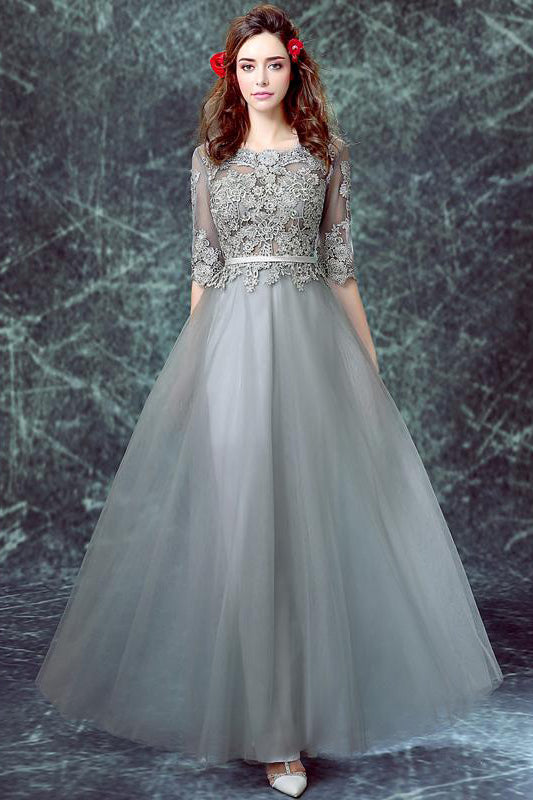 Grey Prom Dresses,Half Sleeve Prom Gown,Tulle Prom Dress,A line Evening Dress