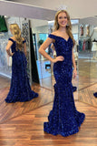 Royal Blue Sequin Off-the-Shoulder Mermaid Long Prom Dress Formal Evening Dresses OK1753