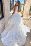 Off White V-Neck Backless A-Line Stripes Wedding Dress Bridal Dress OK1539