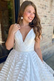 Off White V-Neck Backless A-Line Stripes Wedding Dress Bridal Dress OK1539