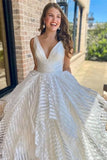 Off White V-Neck Backless A-Line Stripes Wedding Dress Bridal Dress OK1539