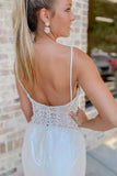 Off White V-Neck Beaded Mermaid Satin Spaghetti Straps Long Wedding Dress OK1537