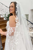 Romantic Off White Appliques Off-the-Shoulder Sweetheart A Line Long Wedding Dress OK1623