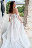 Romantic Off White Appliques Off-the-Shoulder Sweetheart A Line Long Wedding Dress OK1623