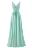 Mint Green V Neck Long Simple Pleated Bridesmaid Dresses with Lace  OKM57