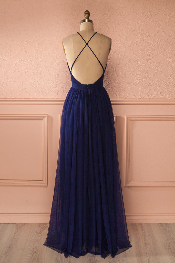Sexy Navy V Neck Backless Prom Dresses, Simple Long Evening Dress For Woman OK110