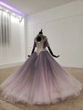 Sparkly Ball Gown Half Sleeves Ombre Quinceanera Dress with Flowers OKS90