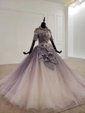 Sparkly Ball Gown Half Sleeves Ombre Quinceanera Dress with Flowers OKS90