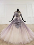 Sparkly Ball Gown Half Sleeves Ombre Quinceanera Dress with Flowers OKS90