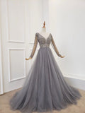 A-line Long Sleeves V Neck Grey Beading Prom Dress OKS91