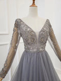 A-line Long Sleeves V Neck Grey Beading Prom Dress OKS91