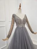 A-line Long Sleeves V Neck Grey Beading Prom Dress OKS91