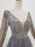 A-line Long Sleeves V Neck Grey Beading Prom Dress OKS91