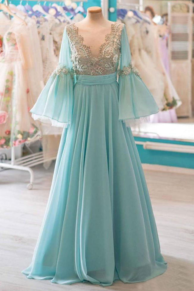 Modest A-line Chiffon Long Prom Dress With Flare Sleeves OKK56