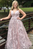 Modest Sleeveless Lace Pink Prom Dress Long Formal Dresses OKO92