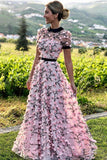 Floral Long Short Sleeves Cheap Prom Dress with Appliques OKN12