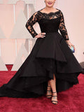 A-Line Bateau Long Sleeves Black Lace Asymmetrical Plus Size Prom Dress OKF42