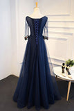 Navy Blue Tulle A-line Flower Appliques Prom Dresses With Sleeves,Long Formal Evening Dress OKA28