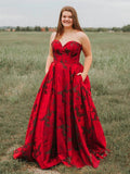 New Arrival Burgundy Sweetheart Floral Long Plus Size Prom Dress with Pockets OKH67