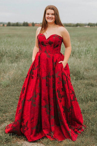 New Arrival Burgundy Sweetheart Floral Long Plus Size Prom Dress with Pockets OKH67