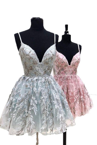 Spaghetti Straps Short Lace Appliques Homecoming Dress, Cocktail Party Dress OKM54