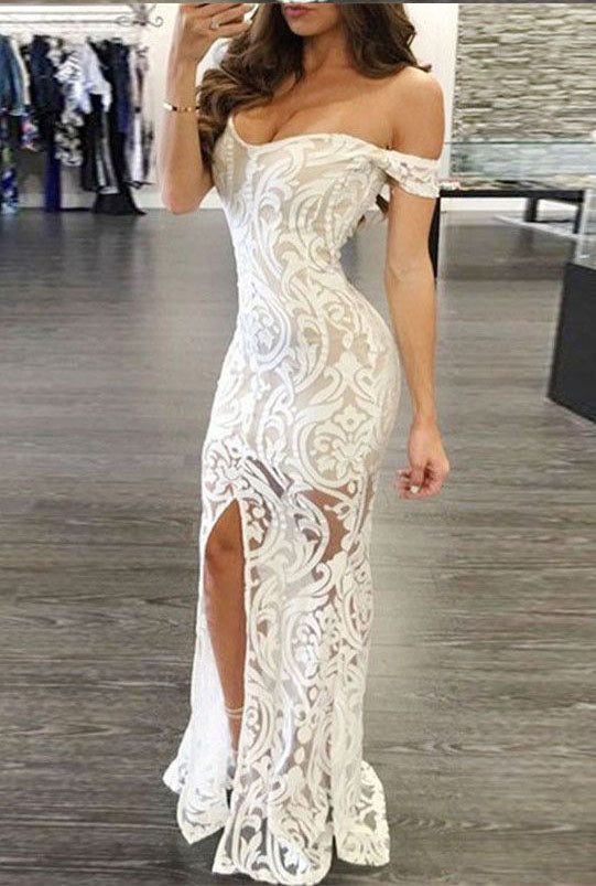Sexy Sheath Off-the-Shoulder Long Lace Prom Dress with Split OK808