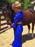 Elegant Sheath Scoop Neck Lace Beading Royal Blue Long Sleeve Two Pieces Prom Dresses OK611