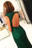 Luxurious Cap Sleeves Dark Green Split-Front Open Back Long Sequin Sexy Mermaid Prom Dresses OK150