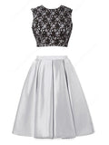 Two Pieces A-line Black Lace Satin Short/Mini Open Back Homecoming Dress OK229