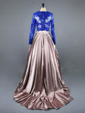 A Line Royal Blue Two Piece Long Sleeve Lace Top Prom Dress OK614