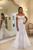 Off The Shoulder Sheath Mermaid Wedding Dress Lace Appliques Wedding Gowns OKP94