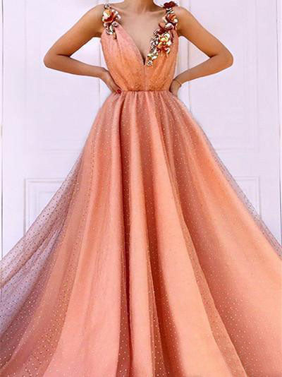 Orange 3D Flowers Long Prom Dress V-neck Tulle Evening Dress OKO85