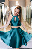 Simple Two Piece Short Dark Teal Satin A Line Homecoming Dresses with Bow OKC26