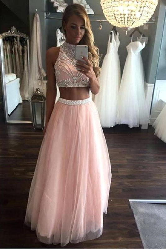 Two Pieces A Line Beading Tulle Long Prom Dress Cheap Pink Evening Dress OKI30