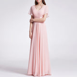 A Line Chiffon Short Sleeves Long V Neck Prom Dress XU90812