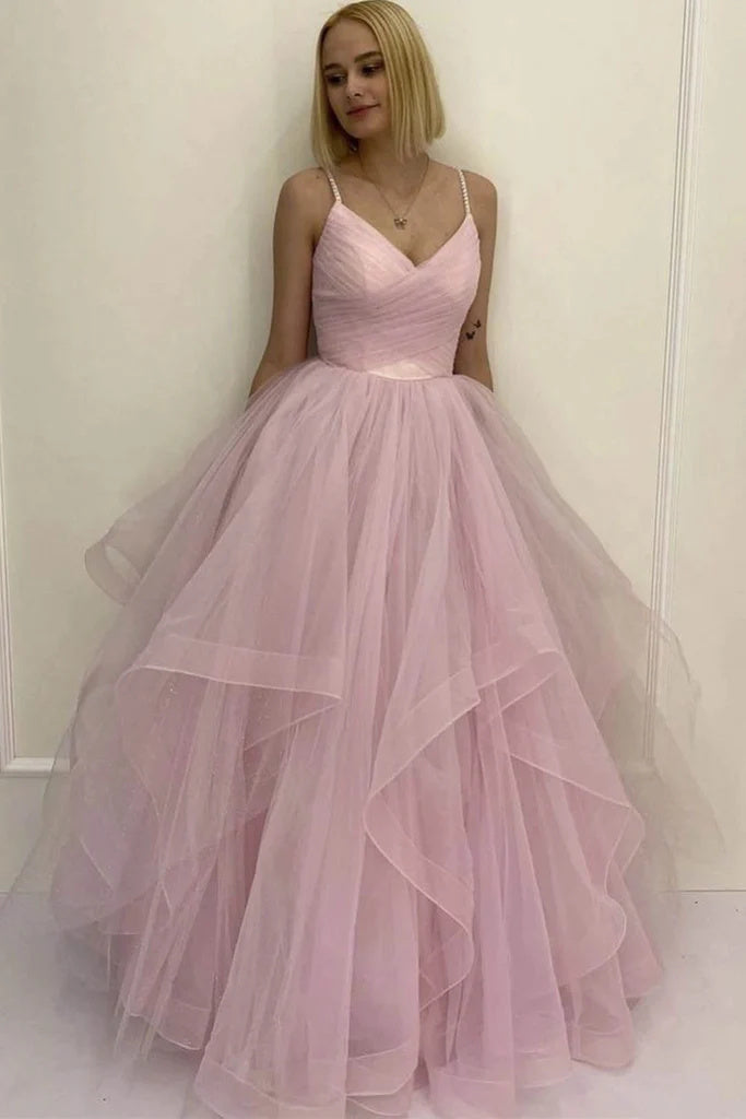 Light Pink Spaghetti Straps Tulle Puffy Prom Gown, Asymmetrical Formal Evening Dress OK1670